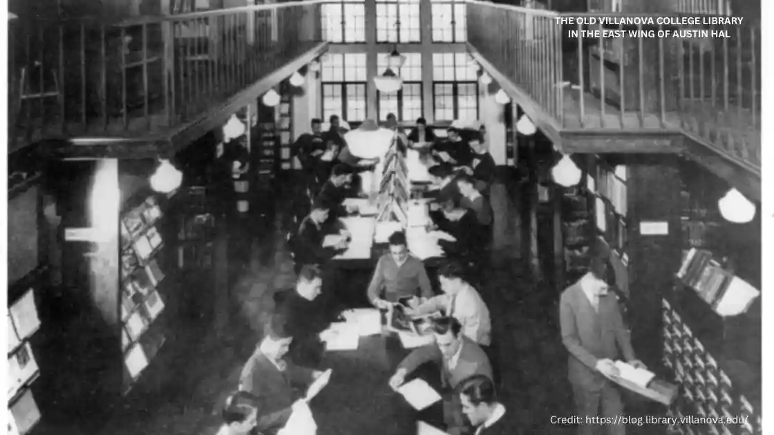 A black and white photo of people in a library located in ZipCode 19085.
