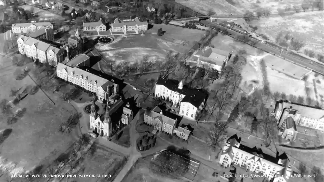 A black and white photo of the Villanova college campus located in zipcode 19085.