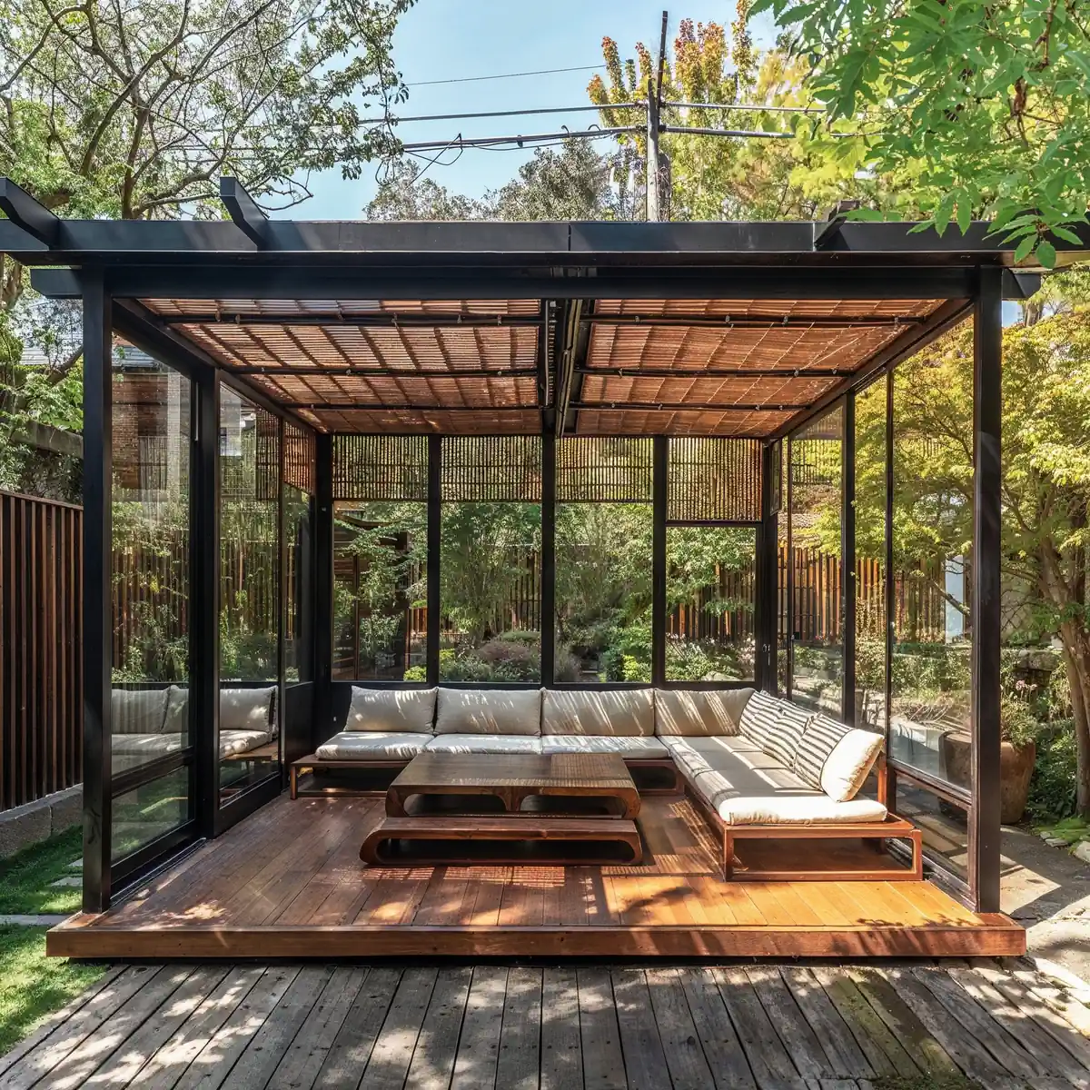 Modern outdoor patio area with a pergola, surrounded by greenery, showcasing summer patio ideas.