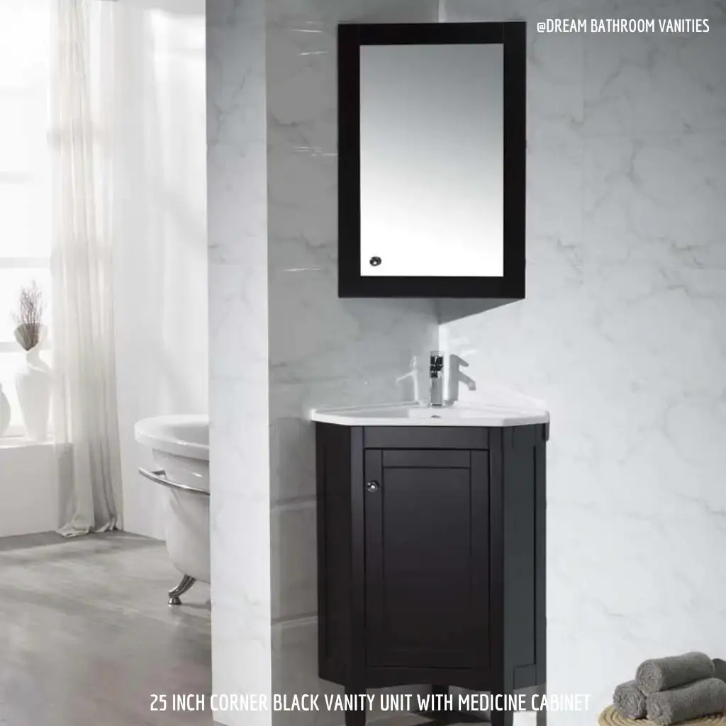 Corner bathroom setup featuring a headache-free black vanity unit with a medicine cabinet mirror. Text reads: "25 Inch Corner Black Vanity Unit with Medicine Cabinet". Ideal for a small bathroom design.
