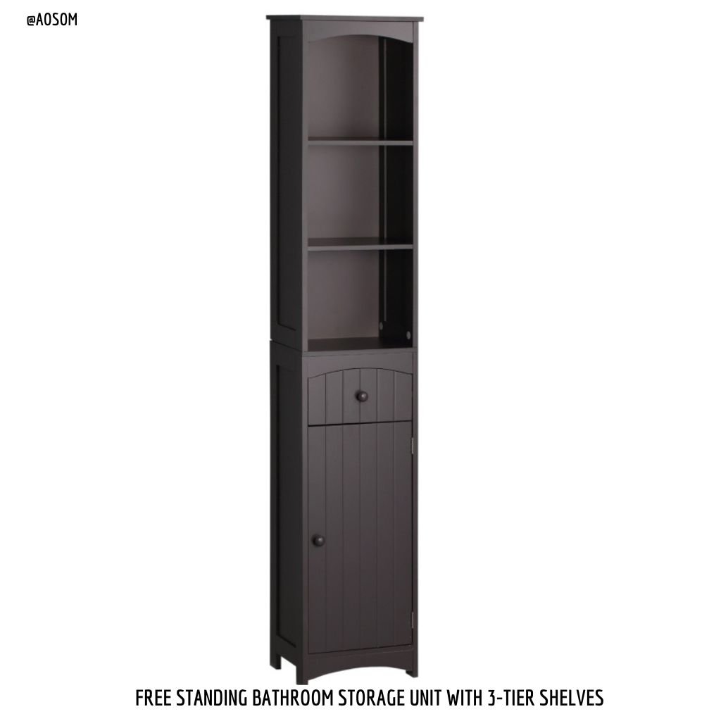 Tall, free-standing bathroom storage unit with a dark finish, perfect for small bathroom design. It features three open shelves on top and a closed cabinet with a door on the bottom, offering both style and functionality to your bathroom vanity area.