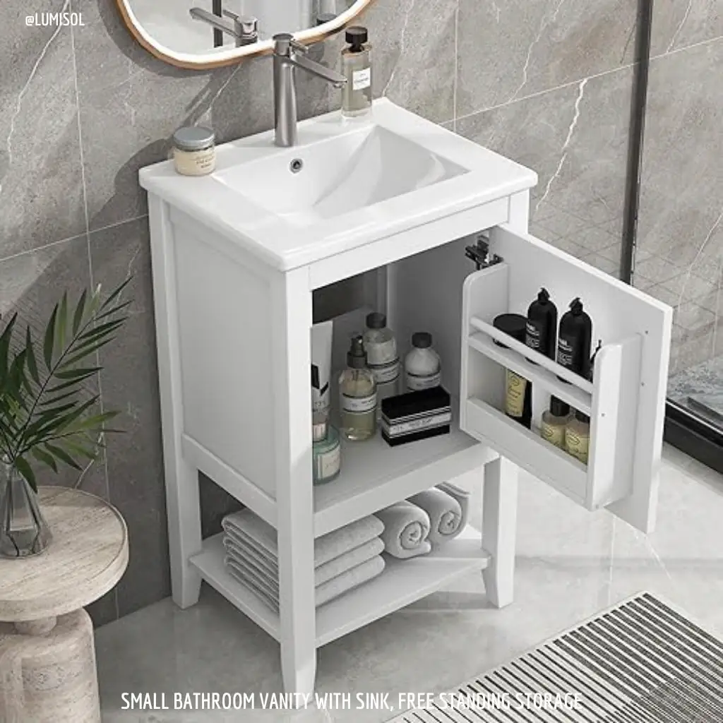 A small bathroom vanity with a white sink, stainless steel faucet, and open door showing interior storage and shelves. Items such as towels and toiletries are organized inside and on the shelf, offering perfect inspiration for your bathroom makeover.