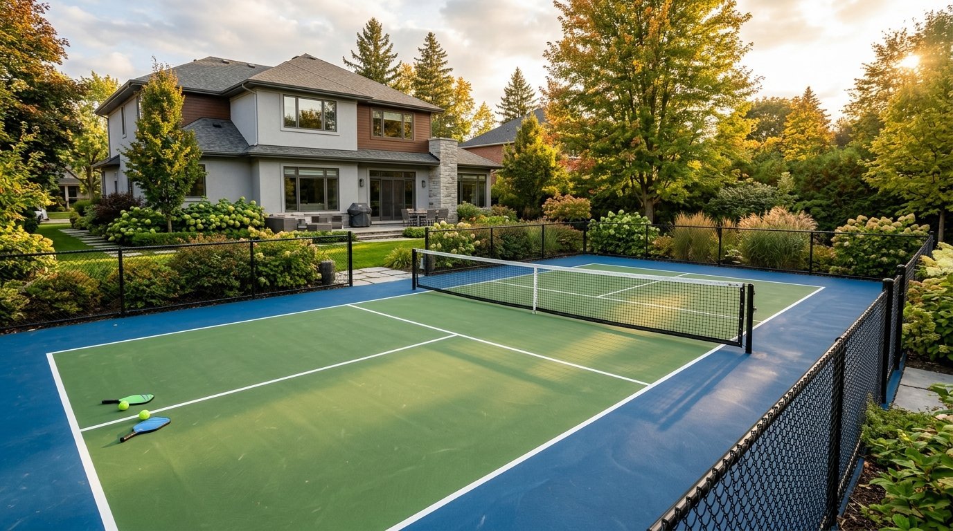 Residential backyard pickleball court with green and blue acrylic surface, white boundary lines, a net, and black perimeter fencing, with a modern house and landscaping behind it