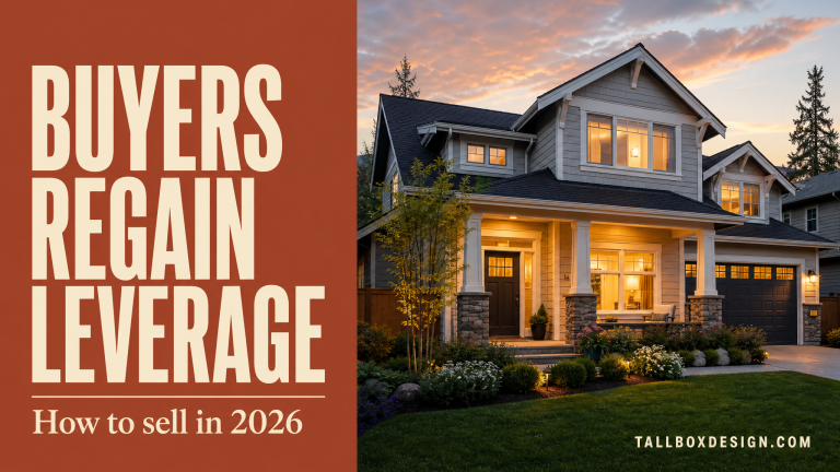 Buyers regain leverage in 2026, a home for sale at dusk with headline text Buyers regain leverage in 2026