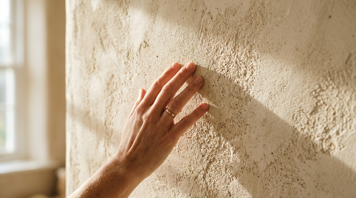 Hand touching a warm limewashed plaster wall in raking light that reveals the surface texture