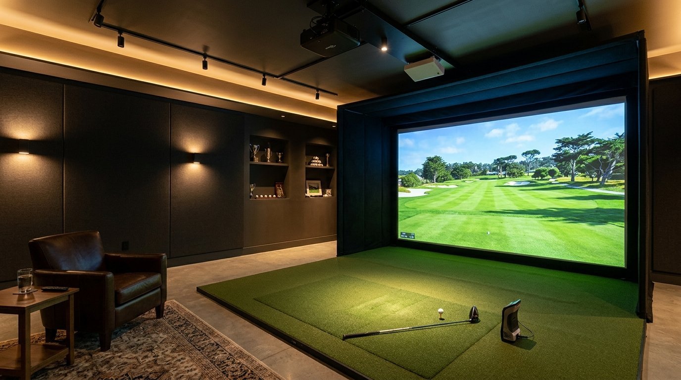 Modern home golf simulator room in a finished basement with an impact screen displaying a golf fairway, premium hitting mat, launch monitor, overhead projector, dark acoustic wall panels, and warm cove lighting