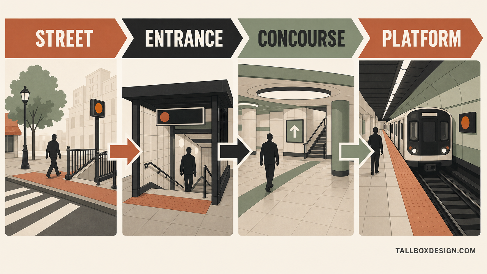 Diagram showing a passenger path from street to entrance, concourse and platform