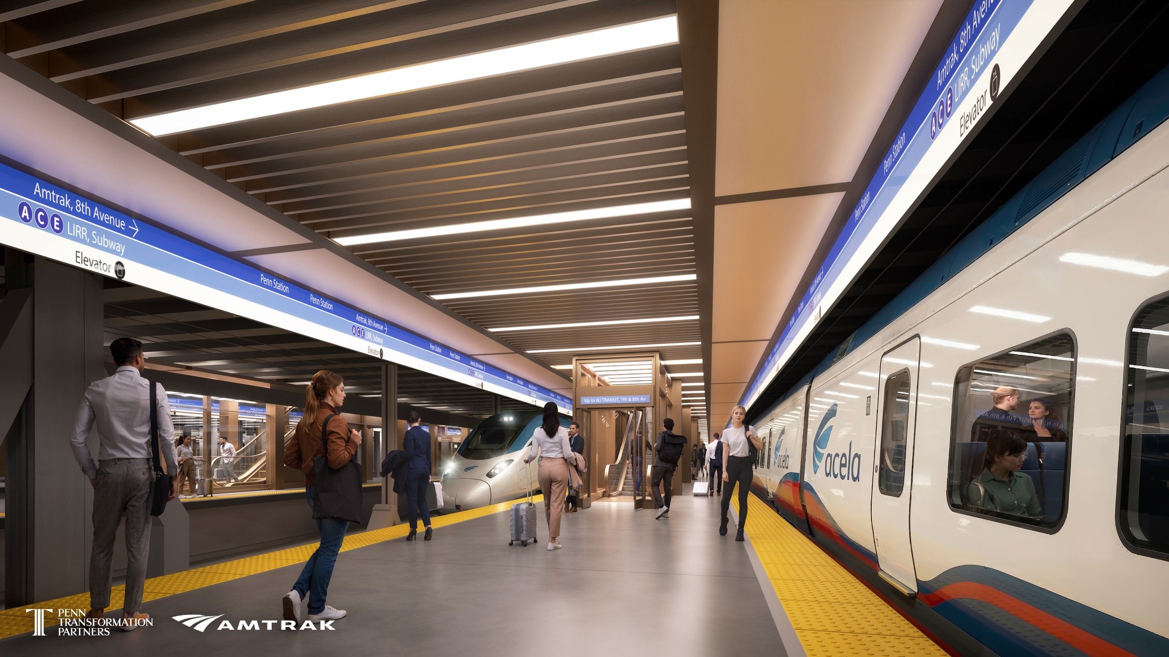 Official rendering of proposed Platform 7 at New York Penn Station, with trains, accessible platform edge and overhead wayfinding