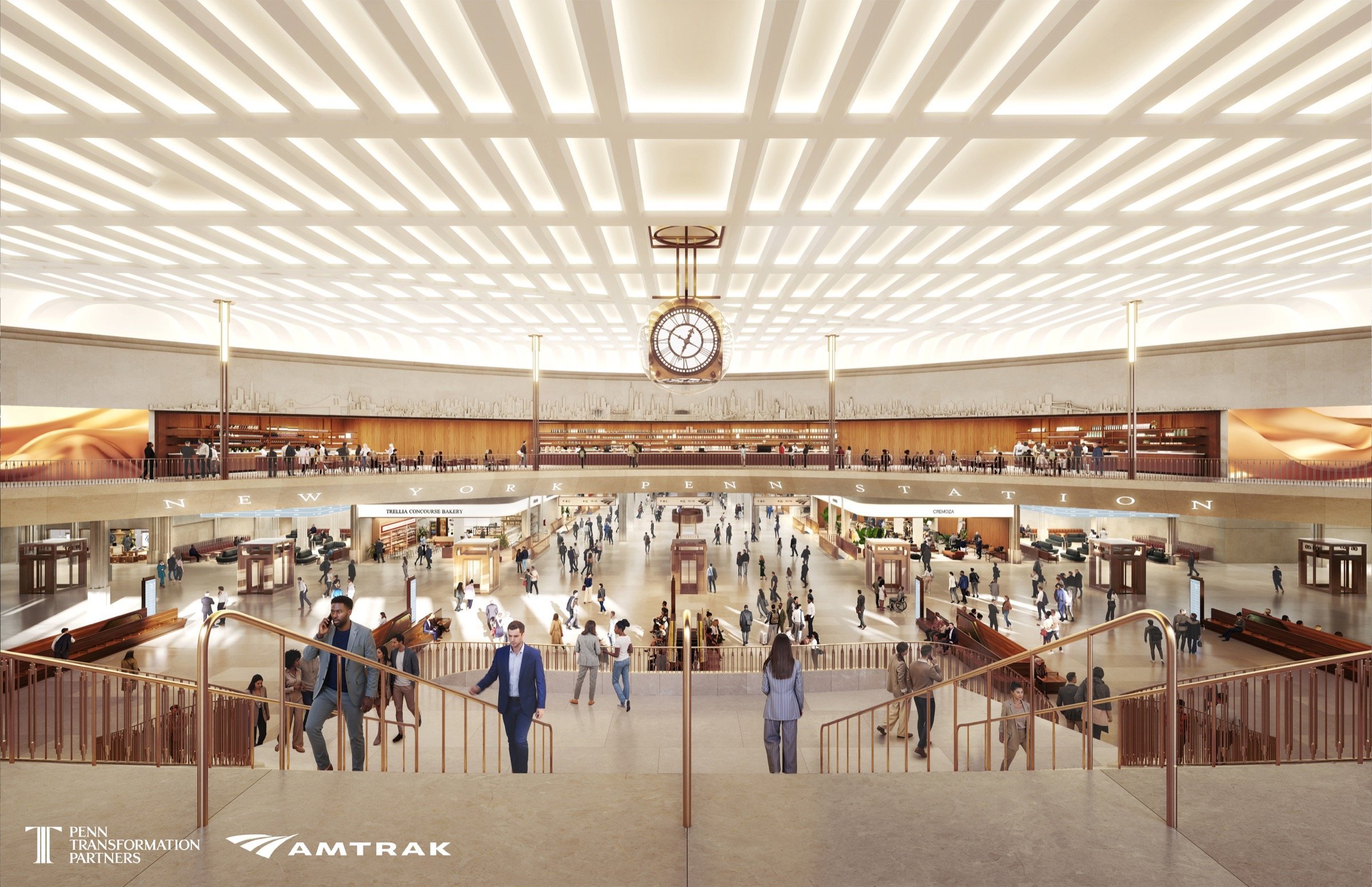 Official rendering of the proposed New York Penn Station train hall, with a large clock, passenger concourse and upper-level amenities