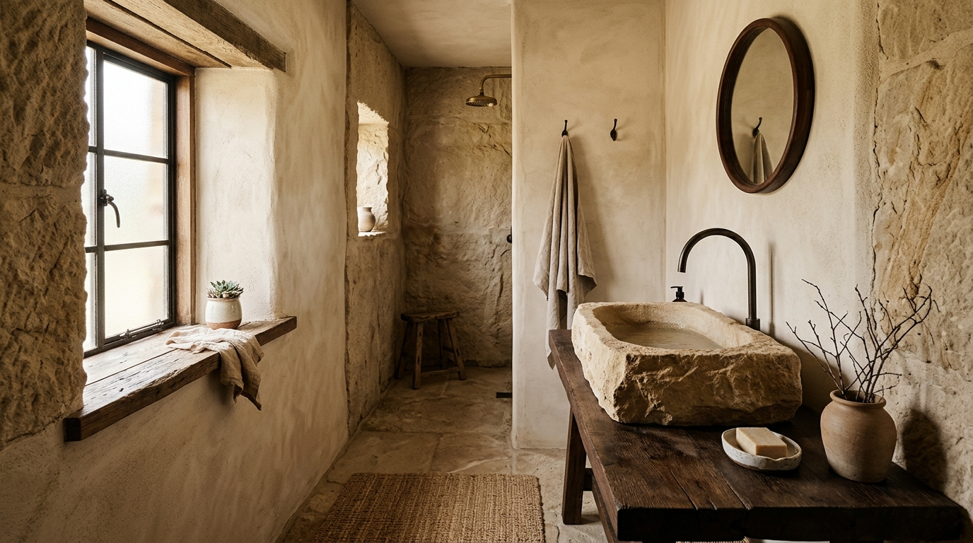 Bathroom with sandstone walls and limewash finish, warm natural light from a small window