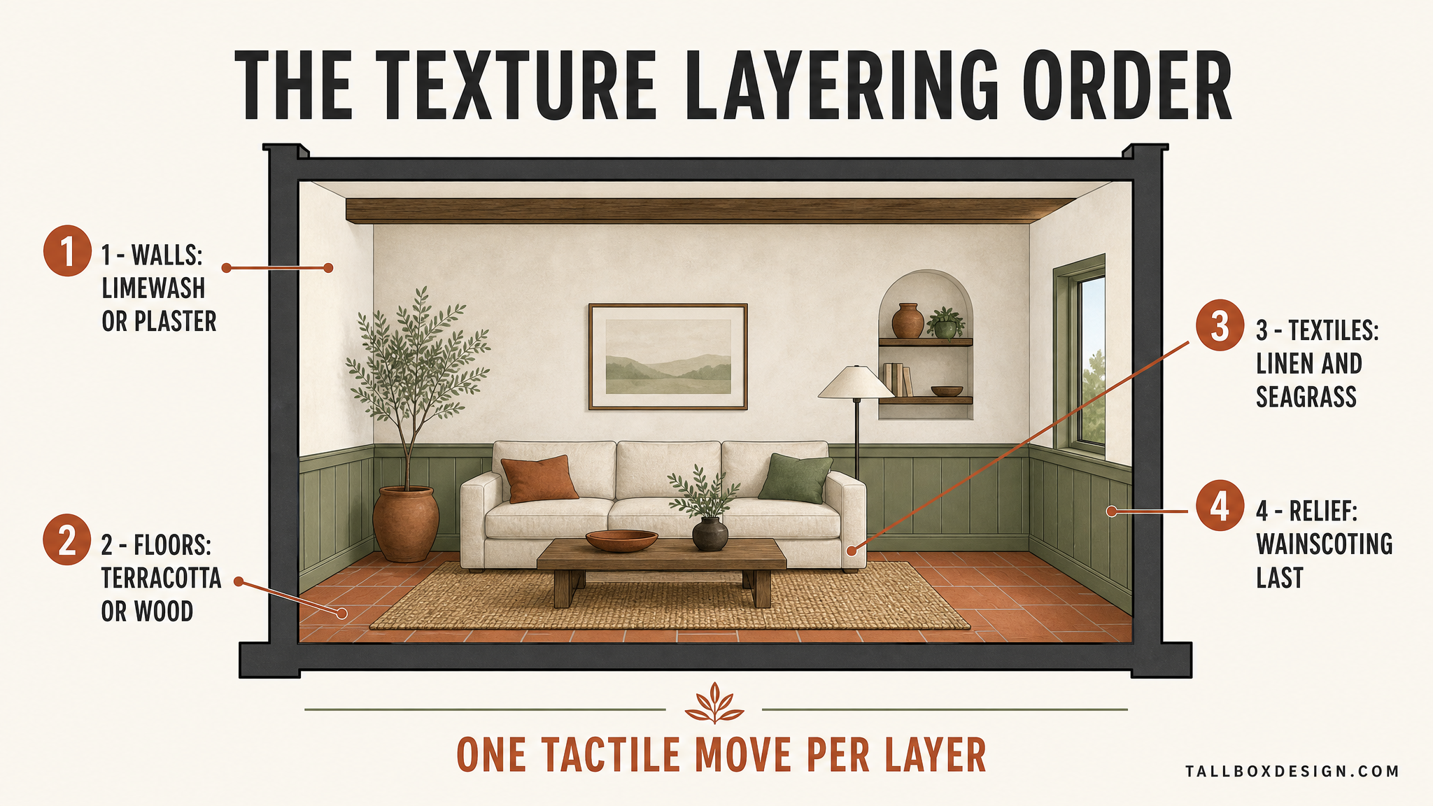 Diagram of the texture layering order: plaster or limewash walls first, terracotta or wood floors second, linen and seagrass textiles third, wainscoting relief last