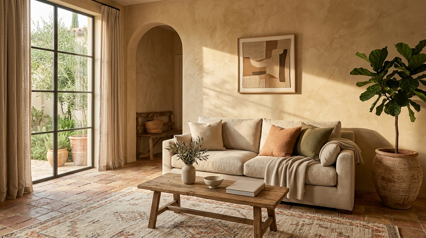 Living room layering Venetian plaster walls, a linen sofa, and a terracotta floor in warm afternoon light